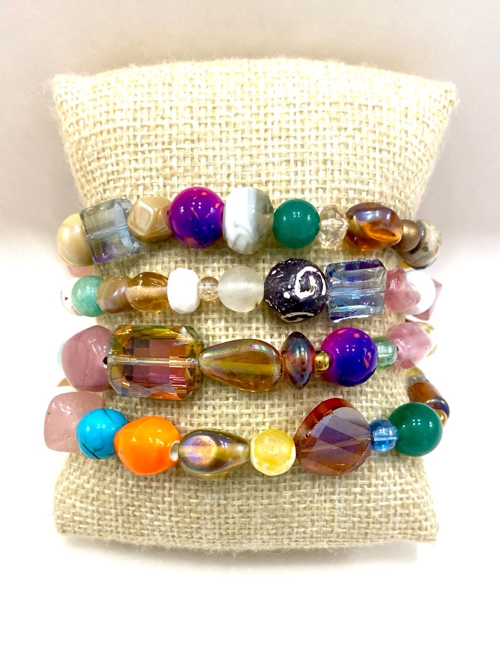 Mixed Media Multi Color Bead Stretch Bracelet Stacking Set 4pc Glass Gemstone